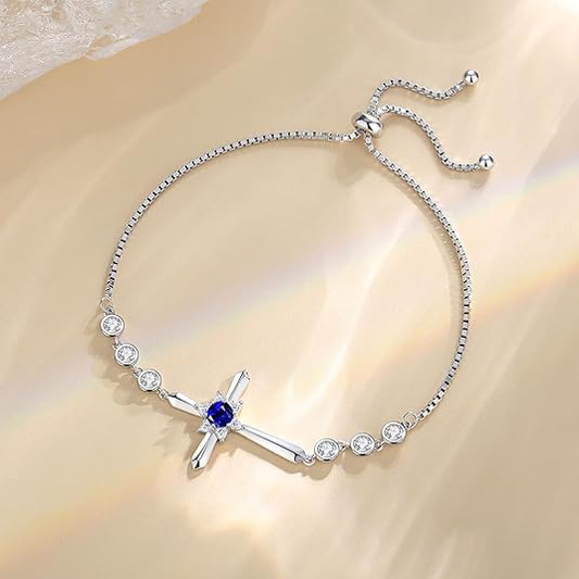 AZURE LEAF Cross Bracelet Halo Birthstone Bracelet Fine Jewelry Birthday Gifts for Her Women